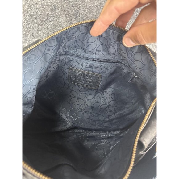Fossil Leather Shoulder Bag Womens Black Satchel Zip Top Double Front Pockets - Picture 7 of 8